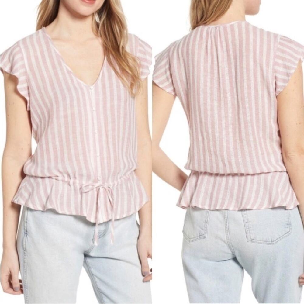Rails Shirt Women XS‎ Rose Stripe Bretton Peplum Button Front Waist Tie Blouse